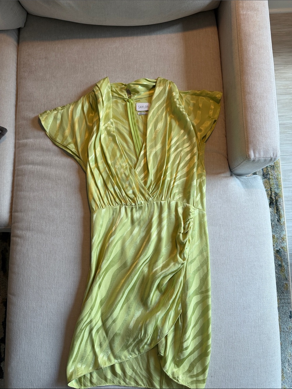 SAYLOR Yellow-Green Zebra Stripe Faux-Wrap Midi Dress